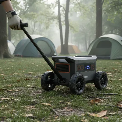 An Anker Solix F2000 portable power station being easily wheeled across a grassy campsite by a person with a retractable handle, demonstrating its robust design and mobility. The background shows tents and nature with soft natural light.