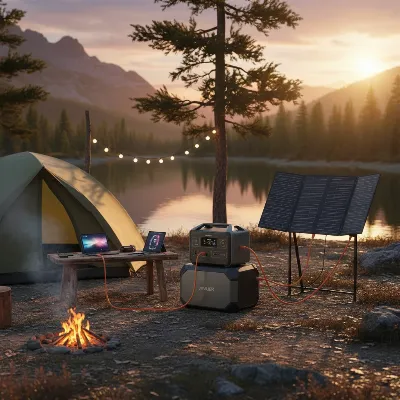 Anker Solix C1000 Gen 2 power station being used at a campsite with solar panels