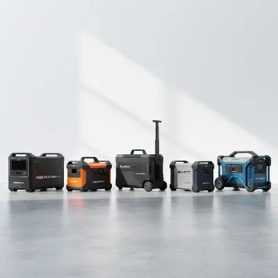 A lineup of top high-capacity portable power stations in a modern setting