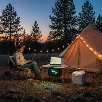 Bluetti AC200P powering outdoor camping setup with laptop, lights, and small cooler at dusk.
