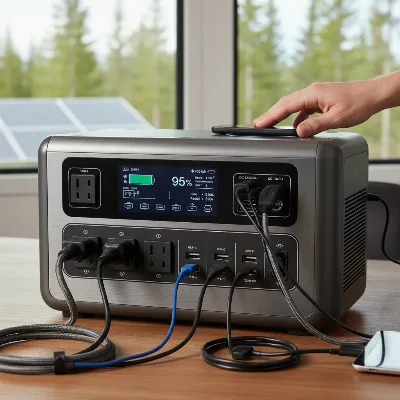 Bluetti AC200P portable power station showcasing its diverse array of charging and output ports with cables attached.