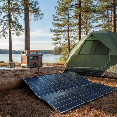A compact portable power station being charged by a foldable solar panel at a tent campsite during the day.