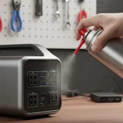 A person cleaning the ports of a portable power station with compressed air to remove dust and debris