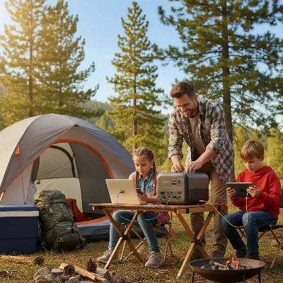 Family enjoying outdoor activities with an expandable portable power station
