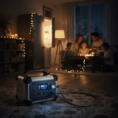 A heavy-duty power station providing backup power to essential home appliances during a blackout, showcasing its connections.