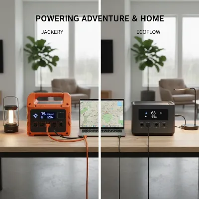 A Jackery portable power station (orange) and an EcoFlow portable power station (grey) side-by-side, both connected to charging cables and running small appliances.