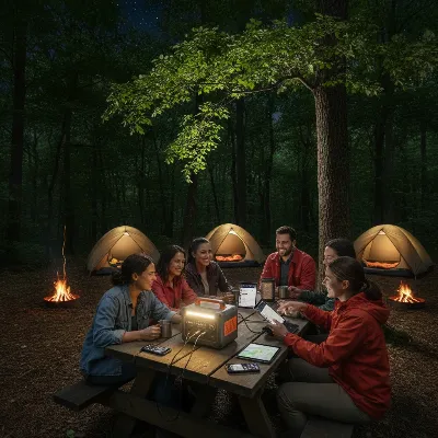 A diverse group camping in a serene forest, illuminated by a LiFePO4 portable power station, charging various devices like phones and cameras. The power station is compact and integrated into the campsite. 