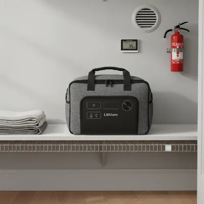 A portable lithium power station stored safely in a cool, dry, well-ventilated indoor closet with protective measures