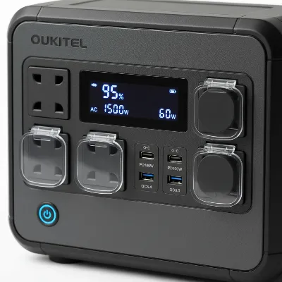 Close-up of Oukitel P2001 Power Station's display and output ports