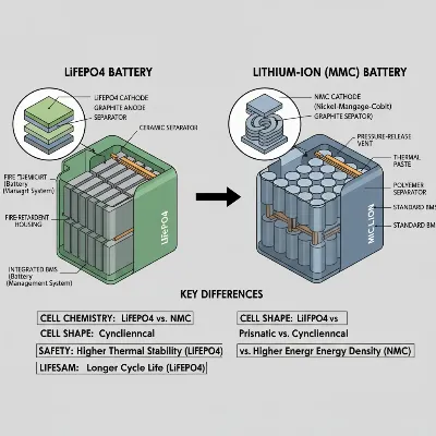 A visual comparison of different portable power station battery types like LiFePO4 and Lithium-ion, highlighting their internal structures.