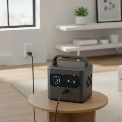 Portable power station charging from a wall outlet, illustrating a safe, controlled charging environment with no visible hazards. 