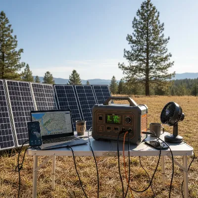 Portable power station simultaneously charging from solar and powering multiple devices, highlighting efficient pass-through charging. 