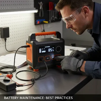 A person performing maintenance on a portable power station, emphasizing safety gear and proper charging practices.
