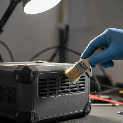 Technician using a soft-bristle brush to gently clean dust from the external vents of a portable power station, highlighting safety and attention to detail.