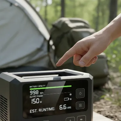 Portable Power Station runtime calculation with a digital display showing wattage and battery life.
