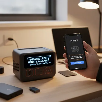 A portable power station displaying a firmware update message on its screen, with a smartphone showing the companion app nearby