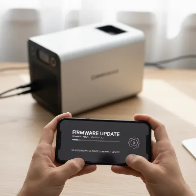 Person performing a firmware update on a power station via a mobile app, showing a digital interface and a power station in a modern, clean environment.