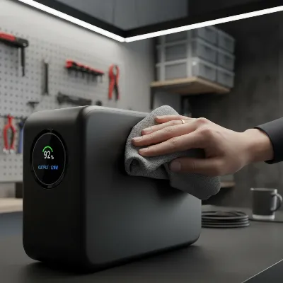 Hand maintaining a portable power station with cleaning cloth and monitoring screen, emphasizing care and longevity.