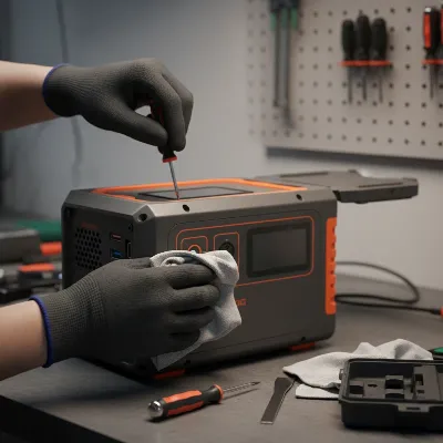 Close-up of a hand performing maintenance on a power station, with tools