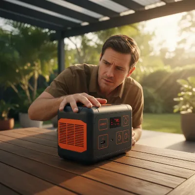 Man checking a portable power station for overheating in a well-ventilated outdoor setting, with sunlight and greenery in the background, realistic style.