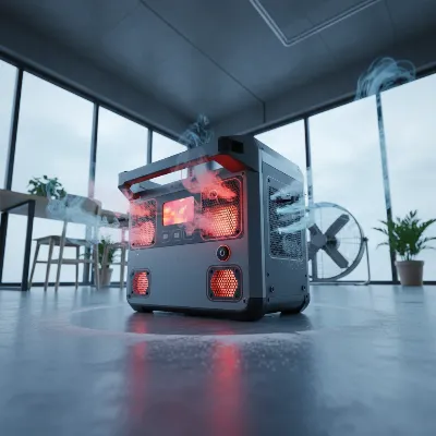 A portable power station with red heat lines, surrounded by cool air flow, illustrating overheating and cooling.