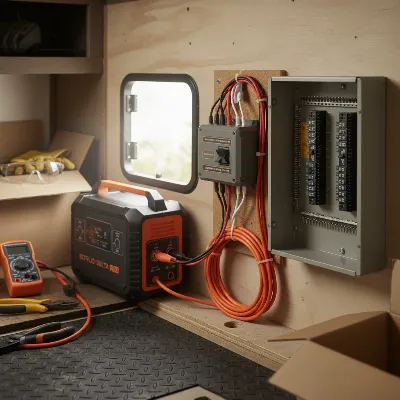 RV interior with manual transfer switch wiring for power station