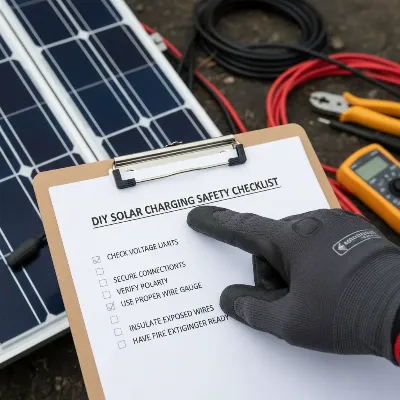 A hand checking a safety checklist for a DIY solar charging setup, with clear labels for safe practices