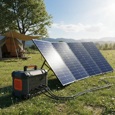 A high-capacity power station being recharged by portable solar panels outdoors