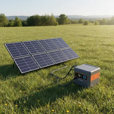 A portable power station being charged by foldable solar panels angled towards the sun in an outdoor setting