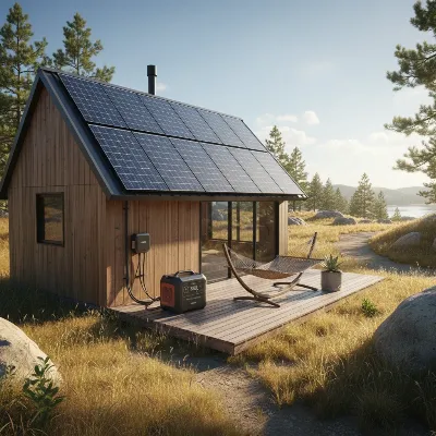 A modern off-grid home with solar panels on the roof and a portable power station outside, connected to the panels. 