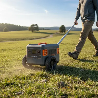 Zendure SuperBase Pro portable power station being easily wheeled by a user via its telescopic handle and rugged wheels.